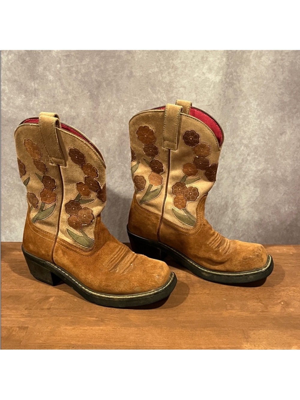 Ariat 16230 Doll Baby Brown Suede Square Toe Floral Embroidered Cowboy Boots 8.5